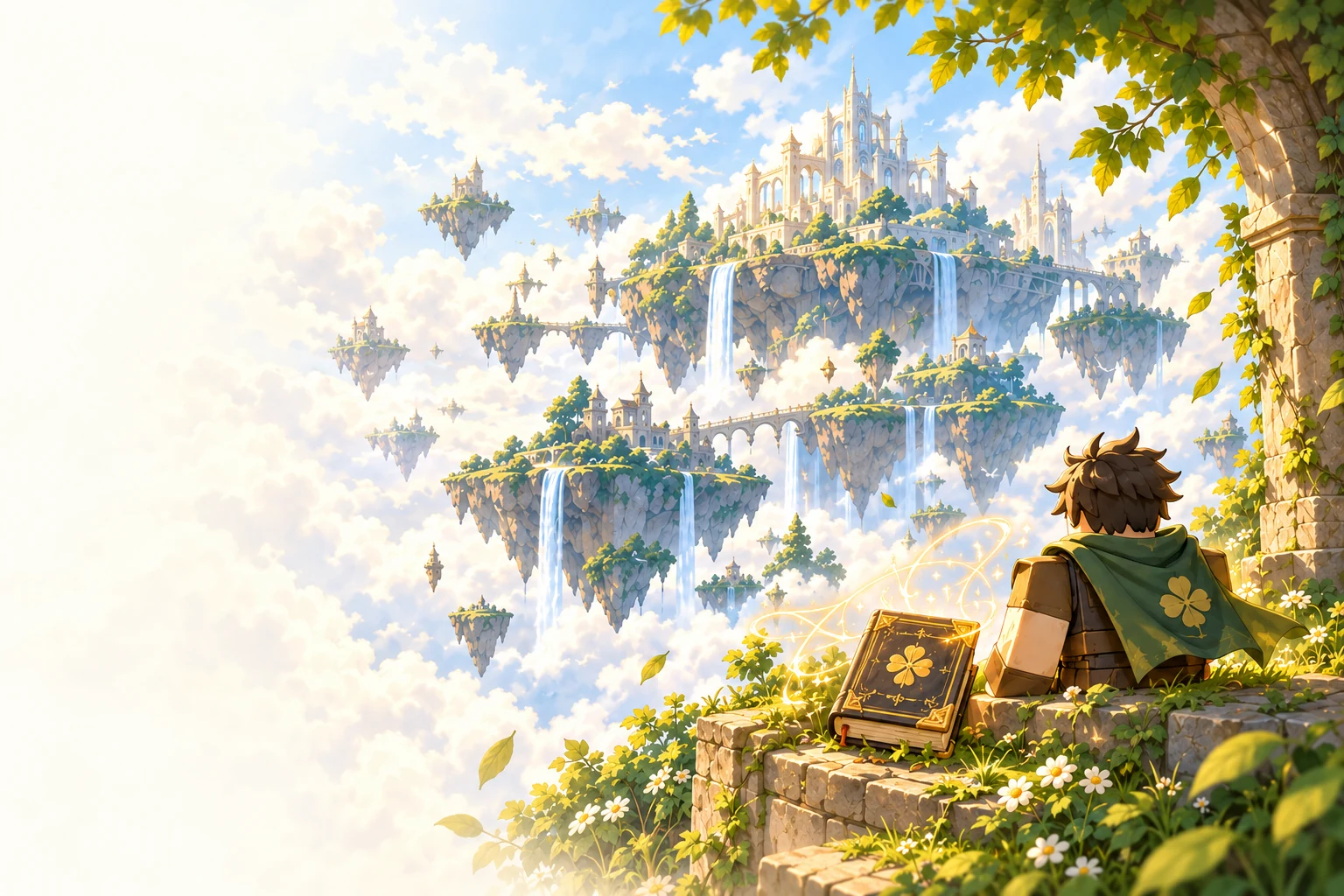Fantasy illustration of a cloaked adventurer and golden grimoire overlooking floating castles and waterfalls